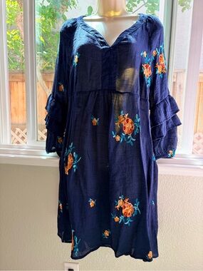 fig and flower Navy Midi Dress with Orange & Teal Floral Embroidery